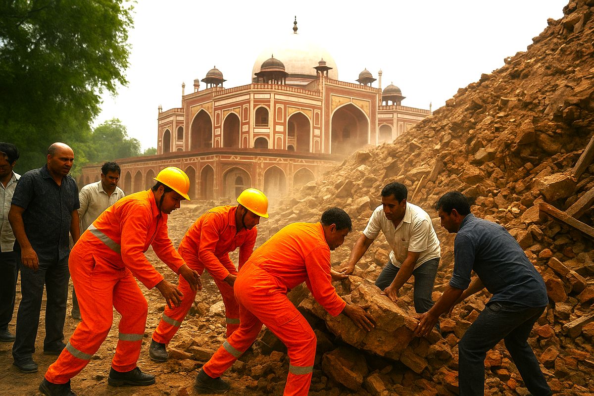 Rescue workers at collapsed wall near Humayun’s Tomb in Delhi, August 15, 2025