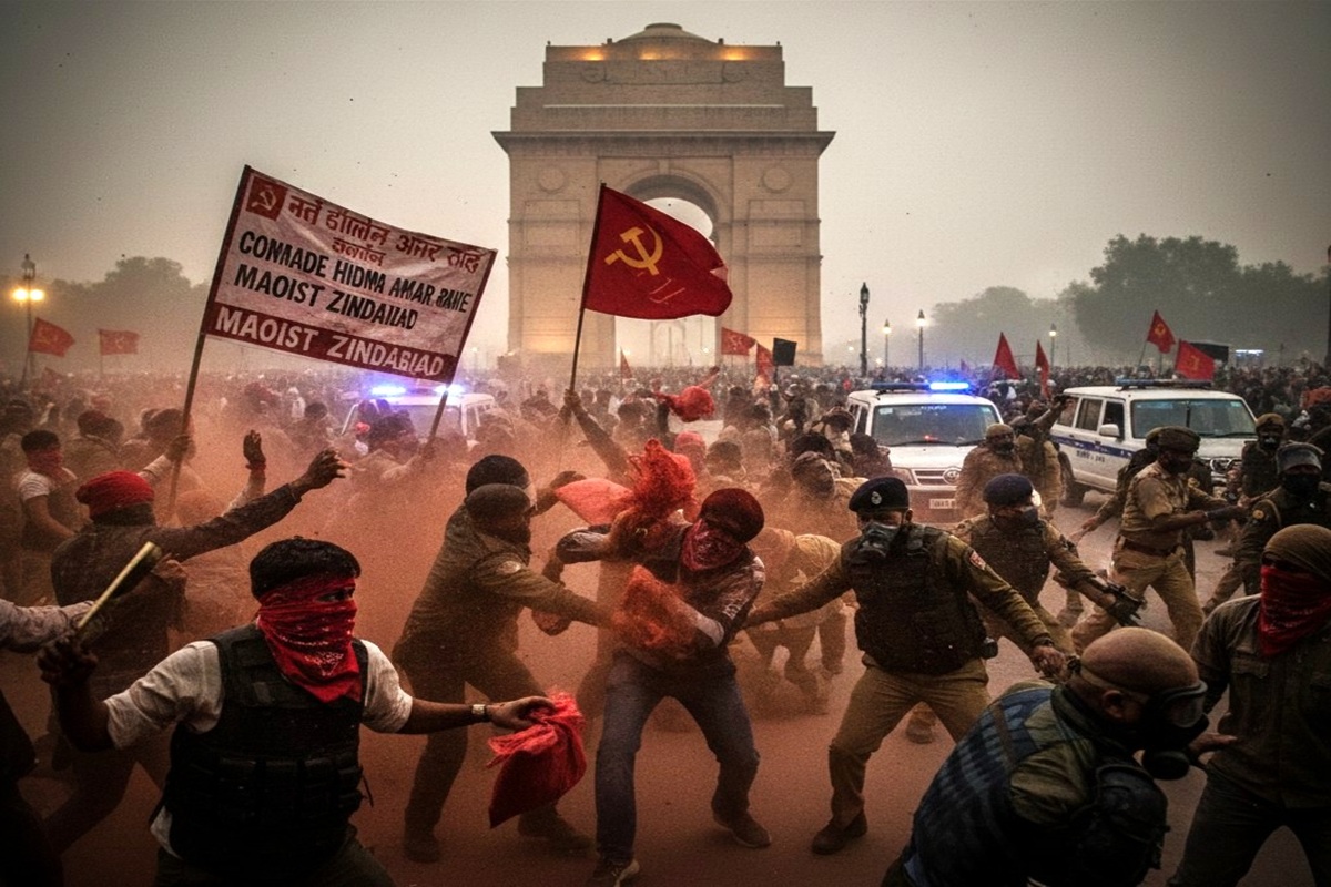Delhi Pollution Protest Turns Maoist Rally at India Gate Protesters Chant ‘Comrade Hidma Amar Rahe’, Attack Cops With Chilli Spray and 15 Arrested