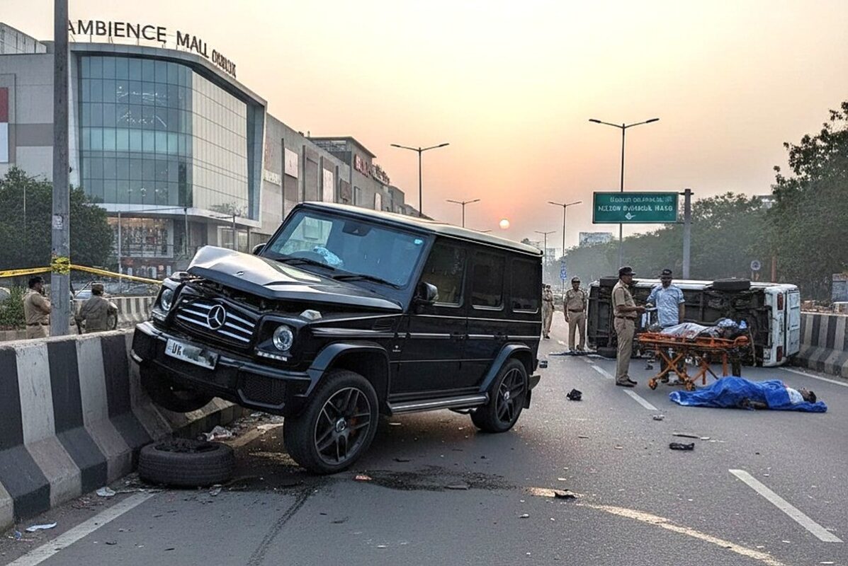 Mercedes G63 Crash Near Delhi Ambience Mall on Nelson Mandela Marg Uttarakhand Worker Killed, Two Injured in Vasant Kunj Early-Morning Accident
