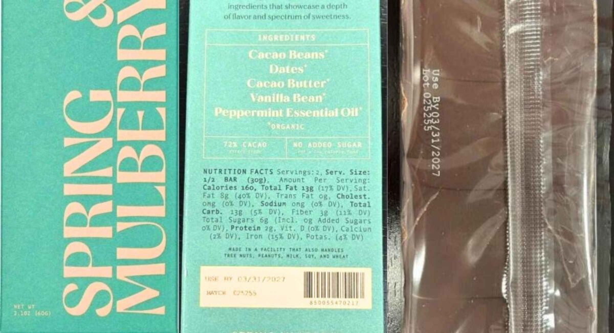 Spring Mulberry Chocolate Recall 2026 Mint Leaf Date Sweetened Bar Recalled Nationwide Over Possible Salmonella Contamination